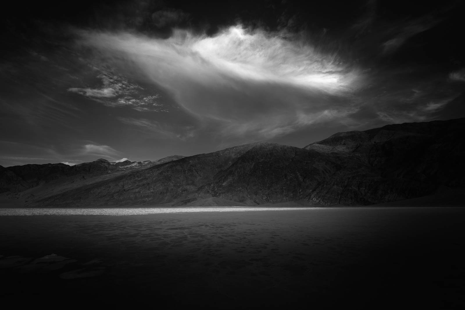 black and white, california, clouds, death valley national park, landscape orientation, monochrome, mojave desert