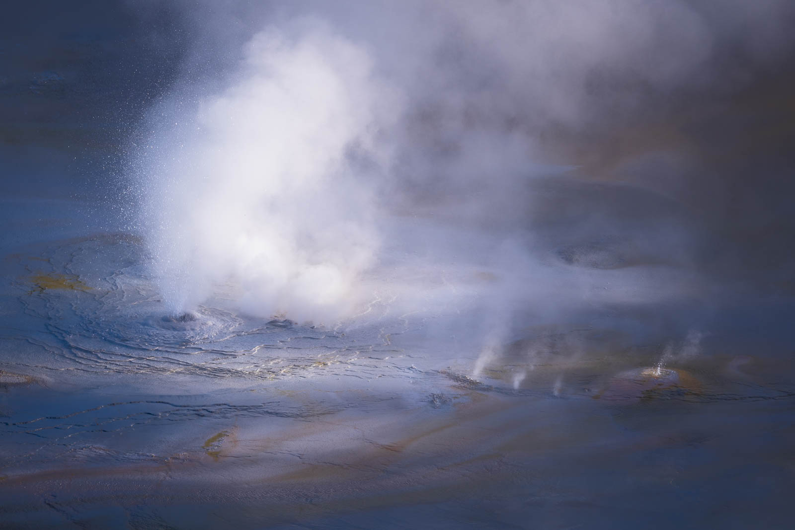 Puffed Wyoming, blue, geyser, landscape orientation, norris geyser basin, porcelain basin, rocky mountains, steam, thermal feature...