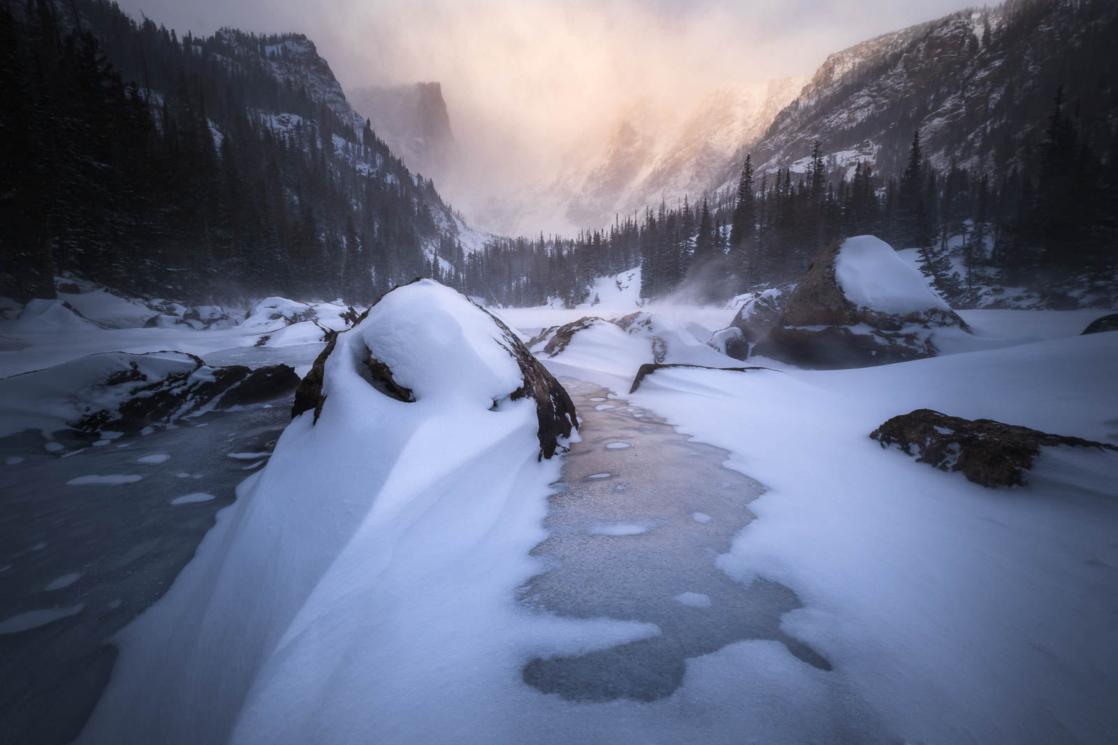 Time, blue, cold, colorado, dream lake, ice, landscape orientation, rmnp, rocky mountain national park, snow, sunrise, winter