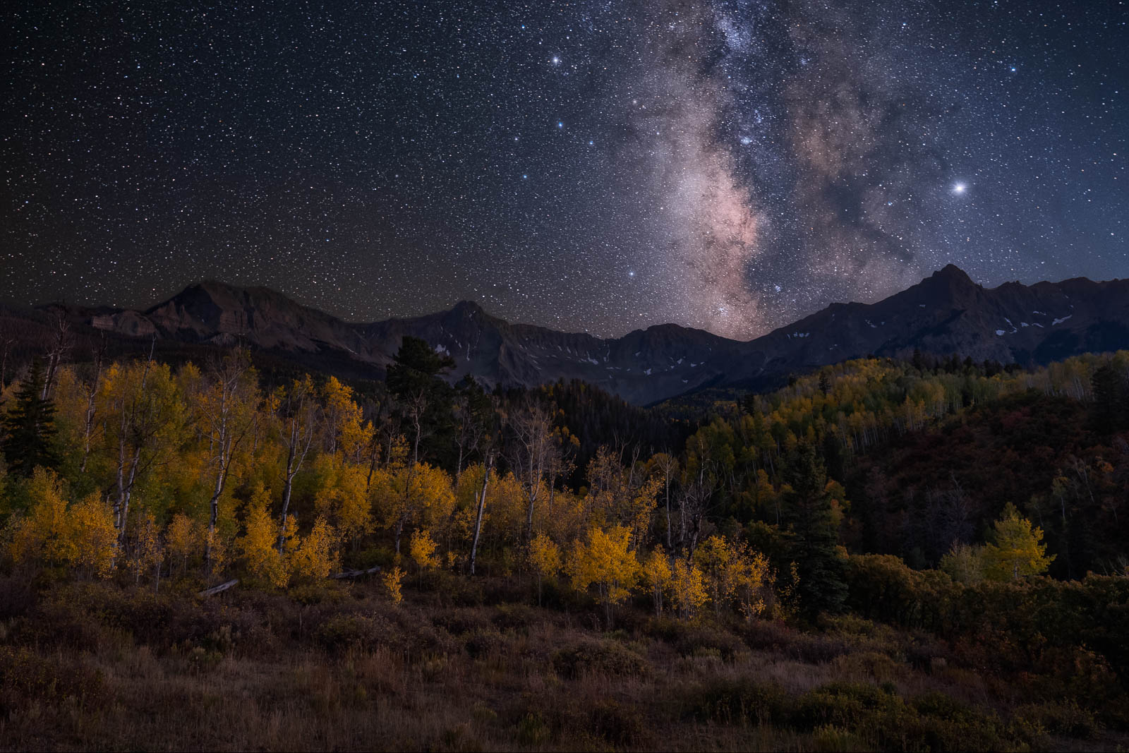 aspen, black, blue, colorado, landscape orientation, milky way, rocky mountains, san juan mountains, stars, tree, yellow