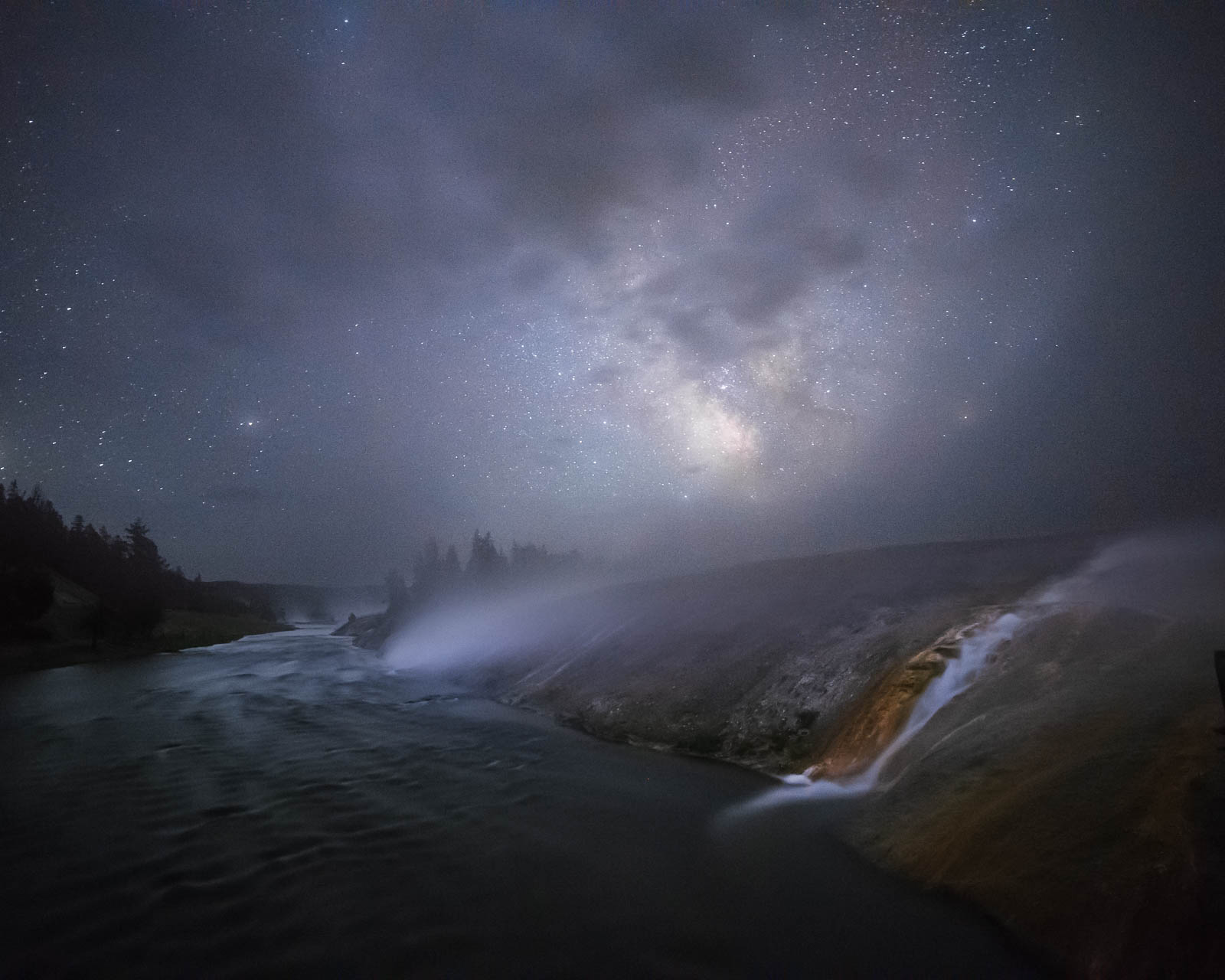 Night, Time, Wyoming, blue, firehole river, milky way, nightscape, river, rocky mountains, stars, yellowstone national park...