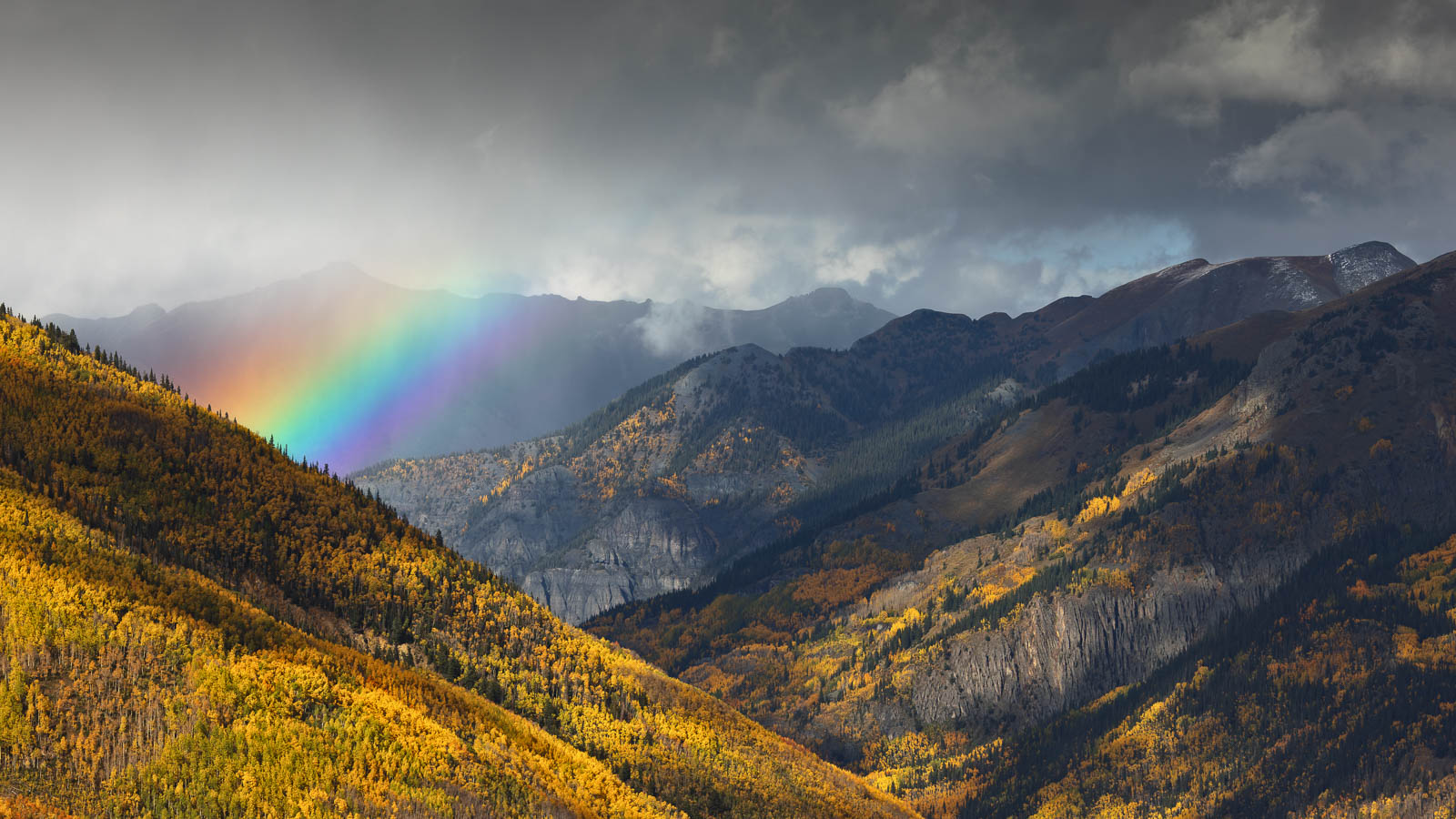 aspen, autumn, blue, colorado, fall, landscape orientation, rainbow, red mountain pass, san juan mountains, storm, tree, yellow...