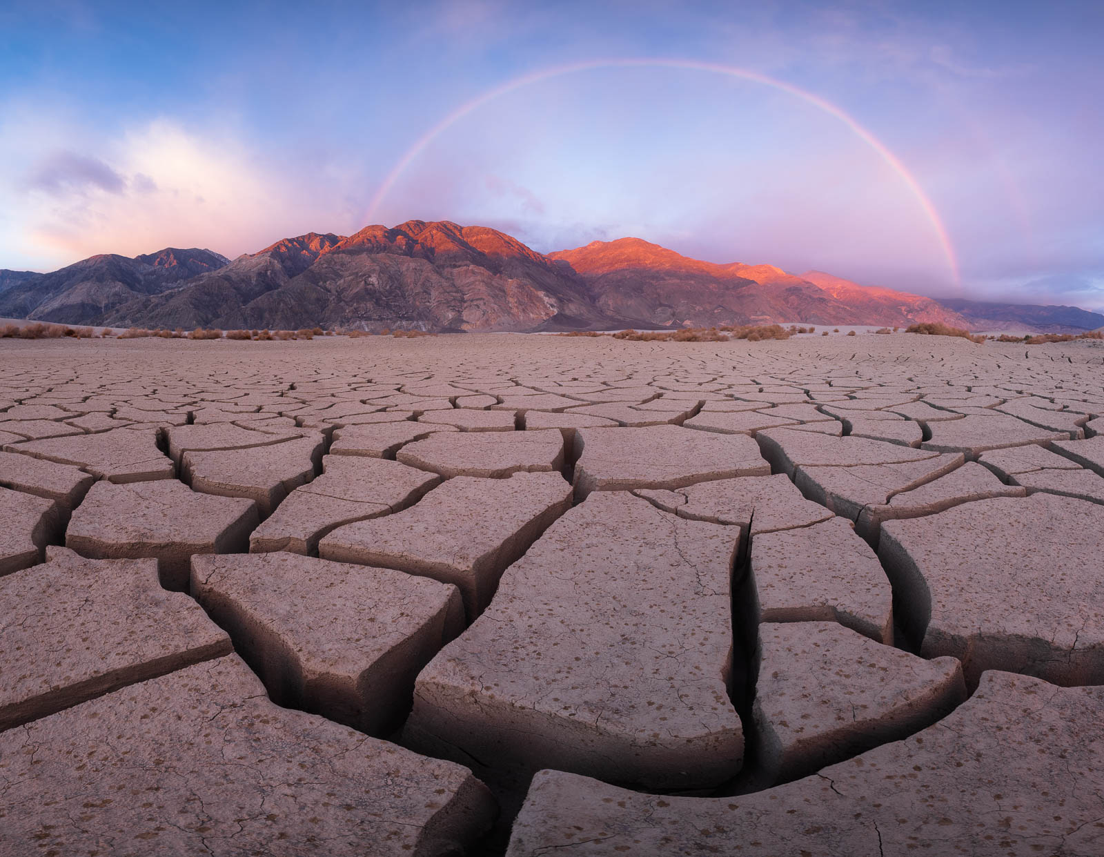 Time, blue, brown, california, death valley national park, landscape orientation, mud cracks, rainbow, red, sunrise