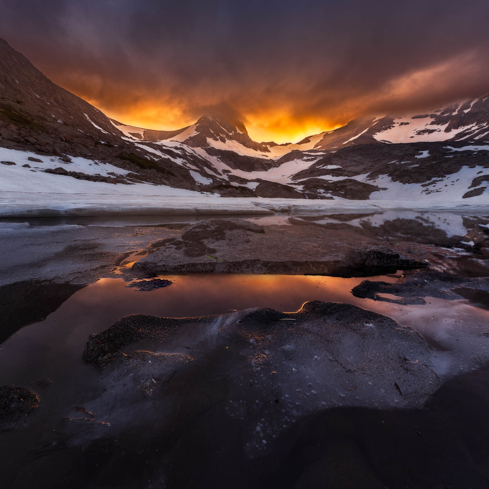 Lake, alpine, colorado, dramatic, ice, indian peaks wilderness, orange, rocky mountains, snow, square