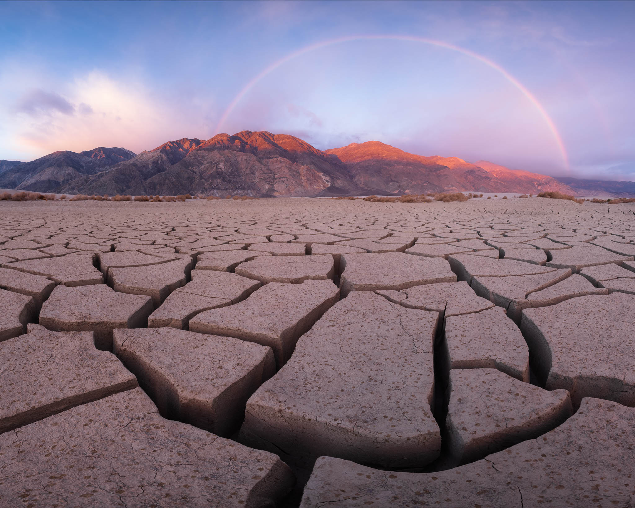 Time, blue, brown, california, death valley national park, desert, landscape orientation, mojave desert, mud cracks, rainbow...